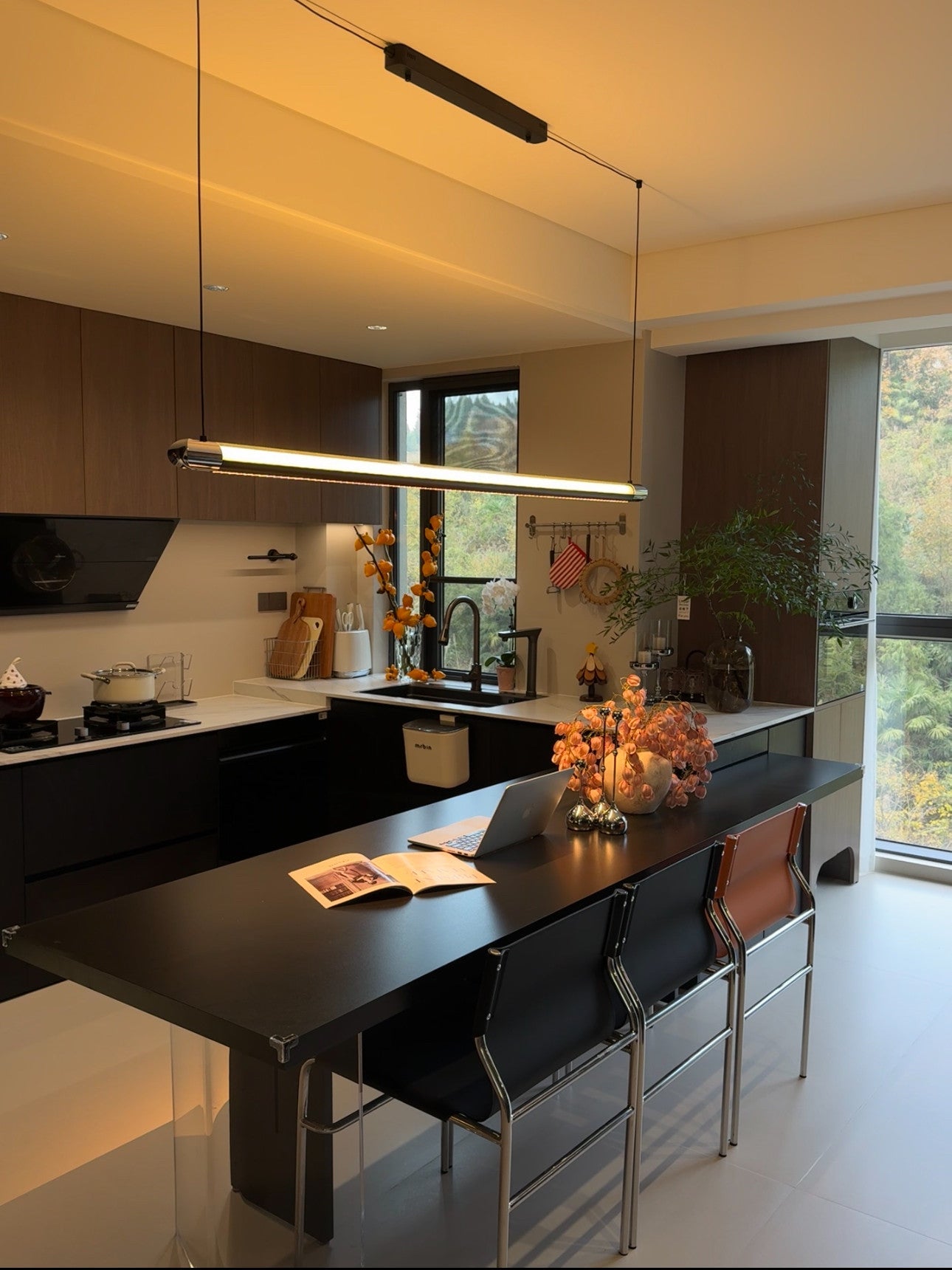 Pendant Light Metal Linear 35 in Adjustable Kitchen Dining Room LED Remote Dimmable Modern Ceiling Fixture | Thomler