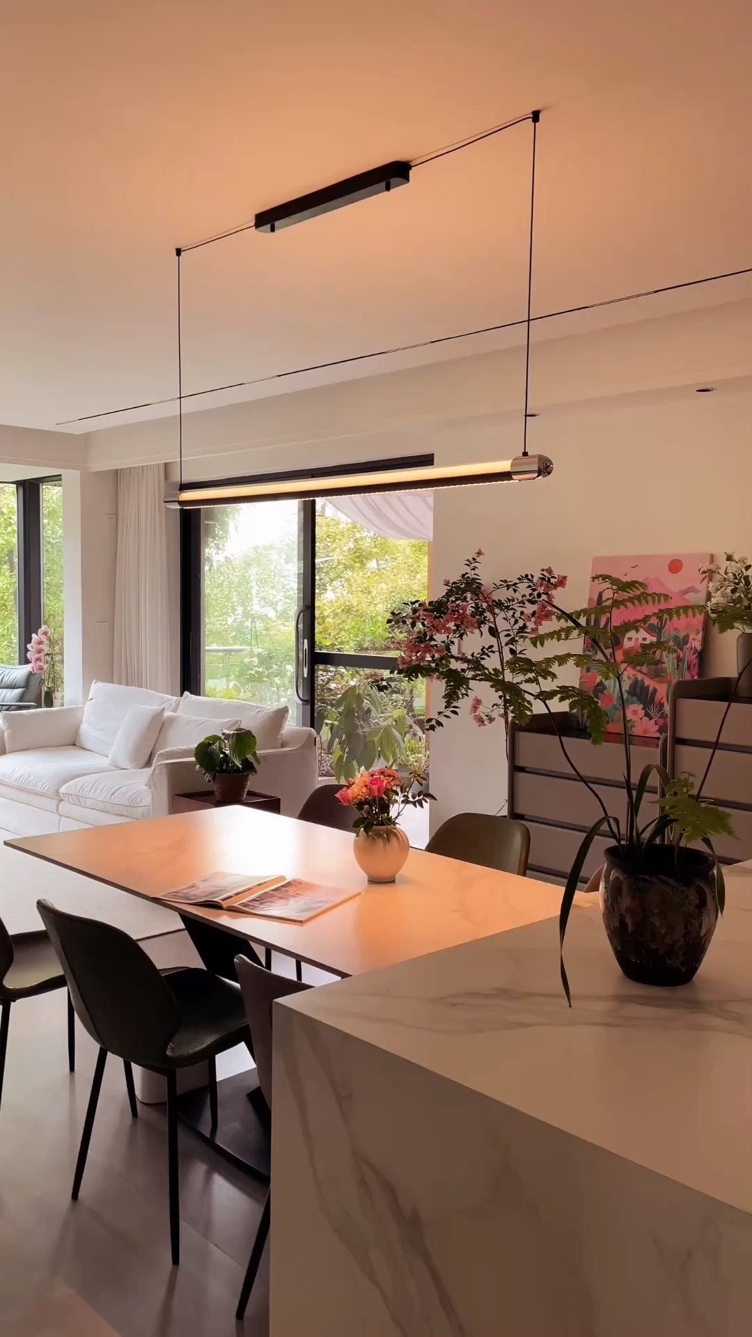 Pendant Light Metal Linear 35 in Adjustable Kitchen Dining Room LED Remote Dimmable Modern Ceiling Fixture | Thomler