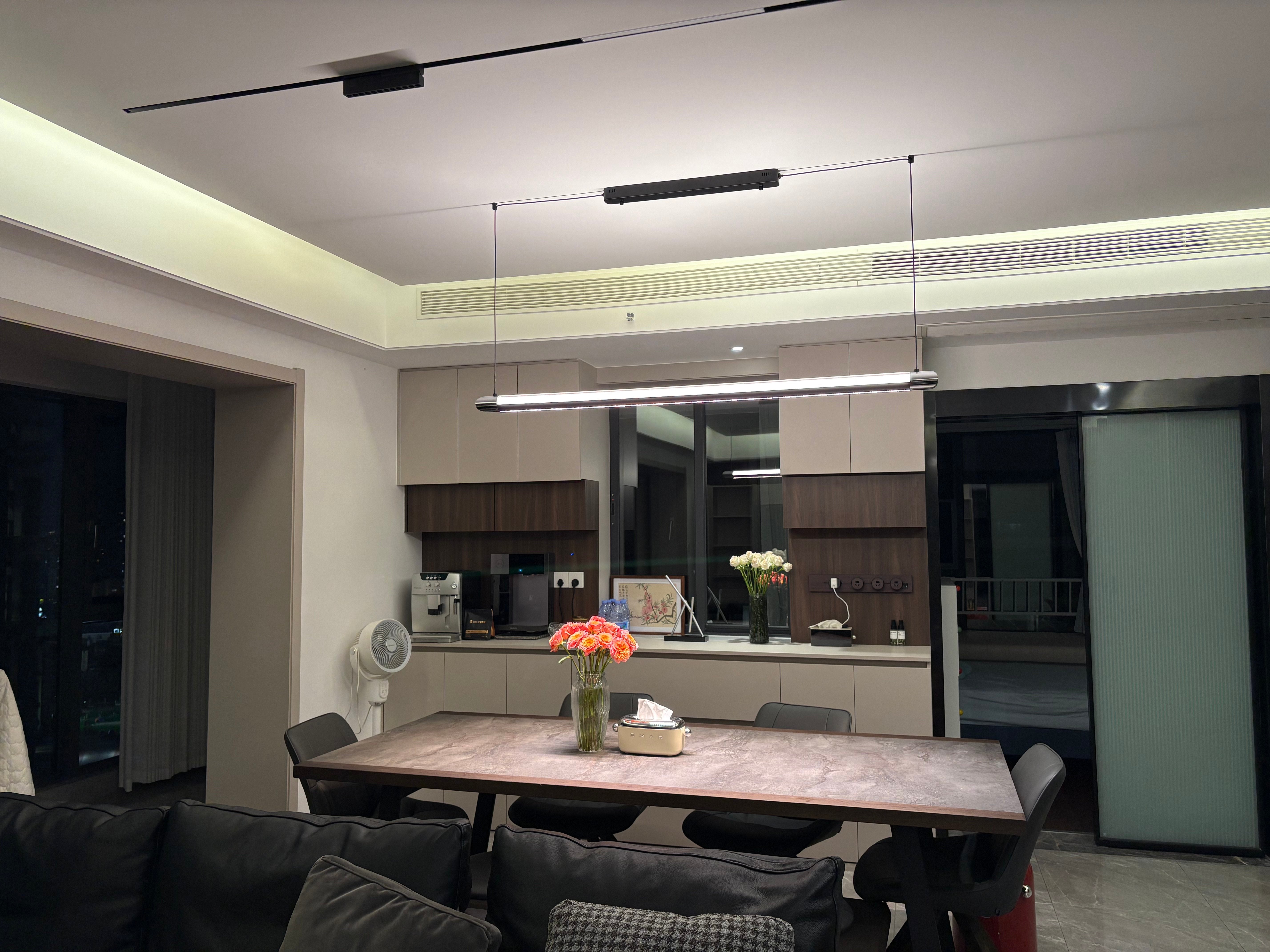 Pendant Light Metal Linear 35 in Adjustable Kitchen Dining Room LED Remote Dimmable Modern Ceiling Fixture | Thomler
