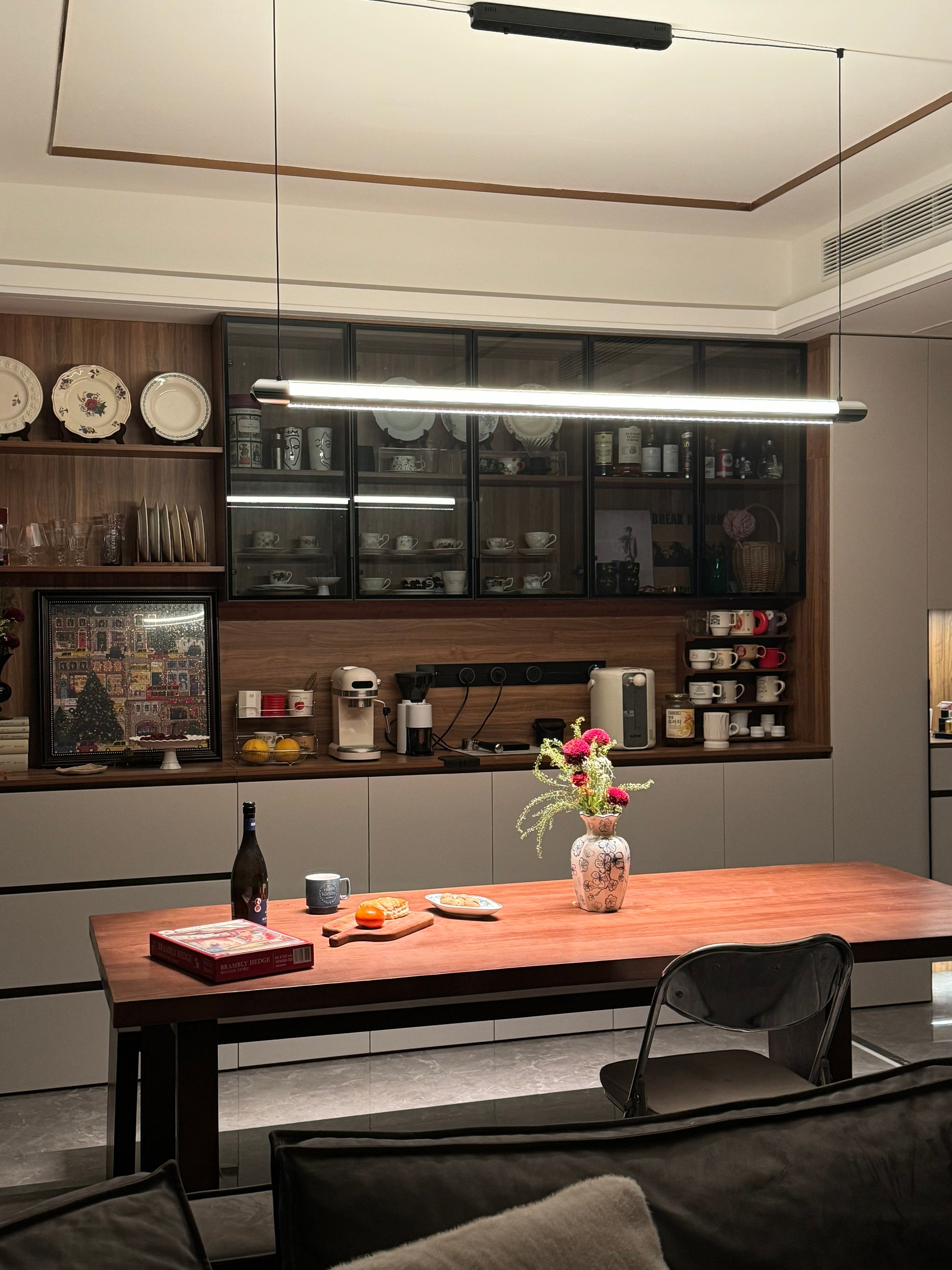 Pendant Light Metal Linear 35 in Adjustable Kitchen Dining Room LED Remote Dimmable Modern Ceiling Fixture | Thomler