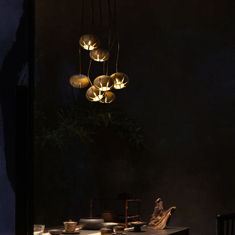 Natural Wood Multi-Pendant Ceiling Light with Cluster Sphere Design for Dining Room & Living Room | Thomler
