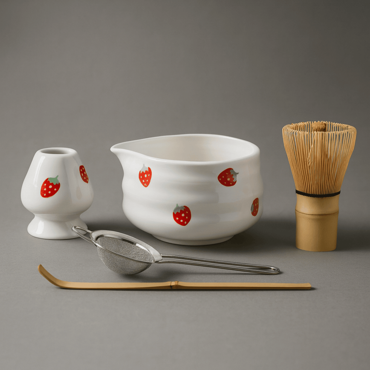 Japanese Ceramic Tea Bowl Set with Bamboo Whisk & Accessories – Berry Motif | Thomler