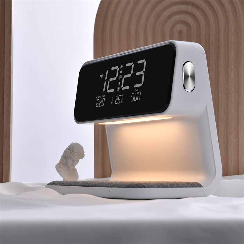 Nachttischlampe mit kabelloser Ladestation und Wecker