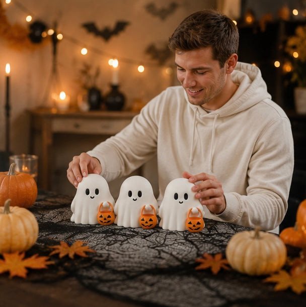 Set of 3 Friendly Spirit Figurines for October Tabletop Display – Resin Mini Statues with Pumpkin Detail | Thomler