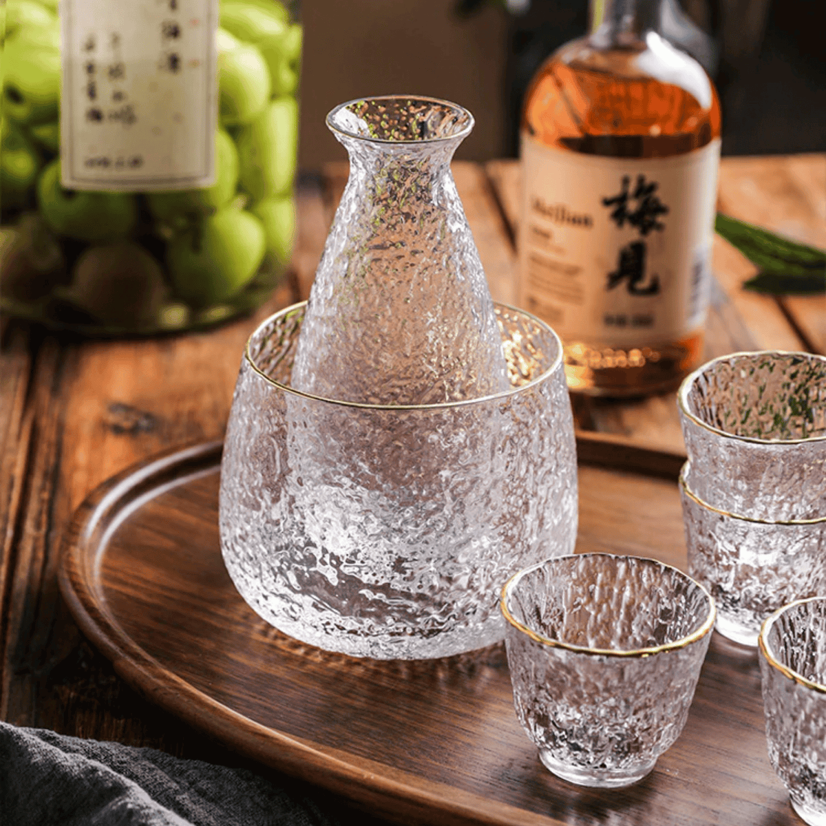 Japanese-Style Glass Decanter & Tumbler Set for Liquor – 6-Piece Barware Collection with Ice Pail | Thomler