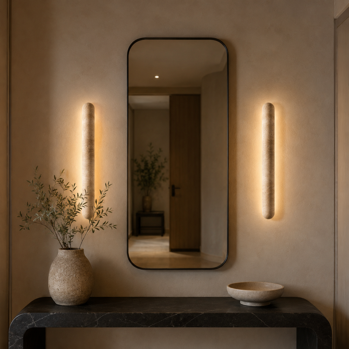 Cylindrical Stone Wall Sconce – Genuine Travertine Fixture with Warm LED Glow for Hallways, Bedrooms & Entryways | Thomler