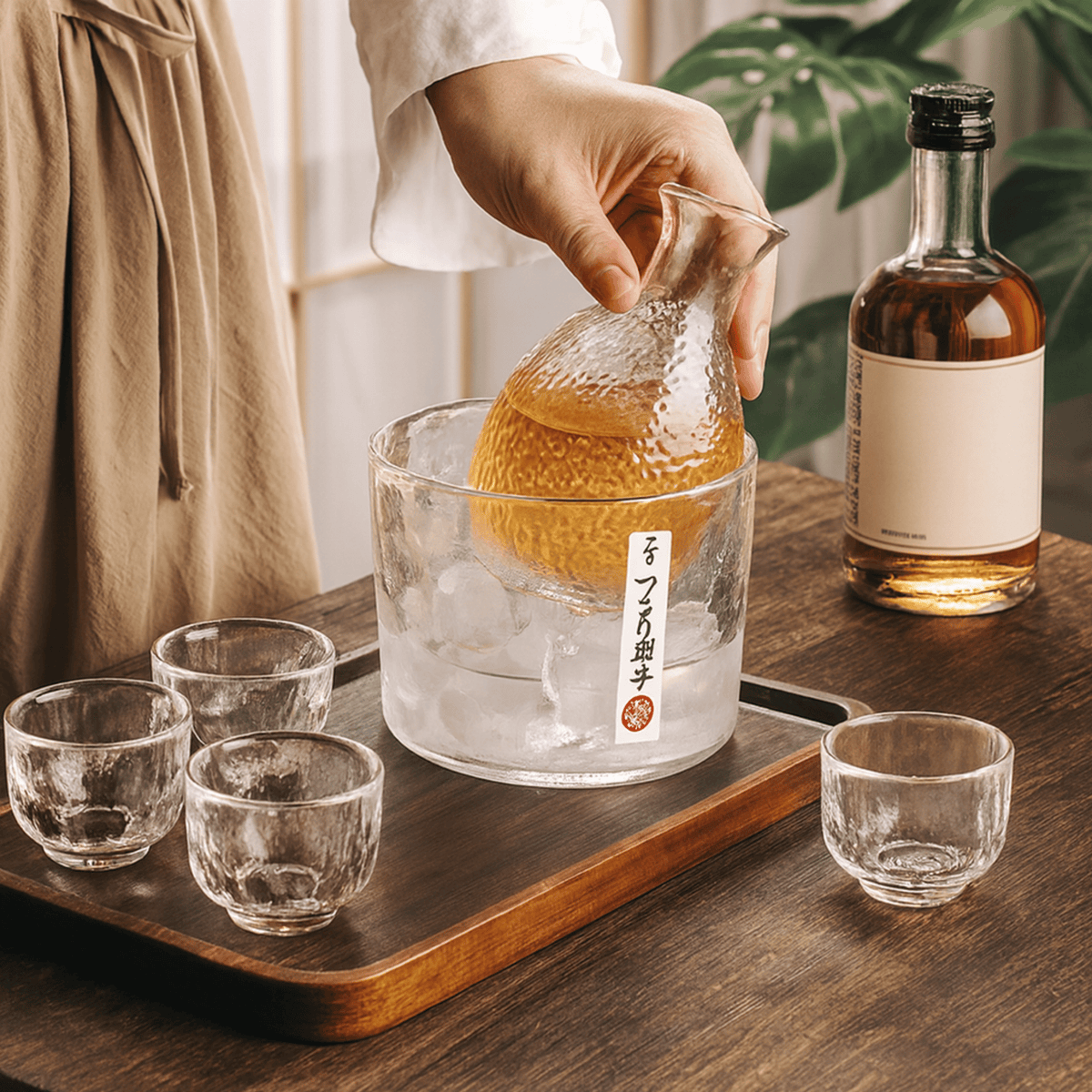 Japanese-Style Glass Decanter & Tumbler Set for Liquor – 6-Piece Barware Collection with Ice Pail | Thomler