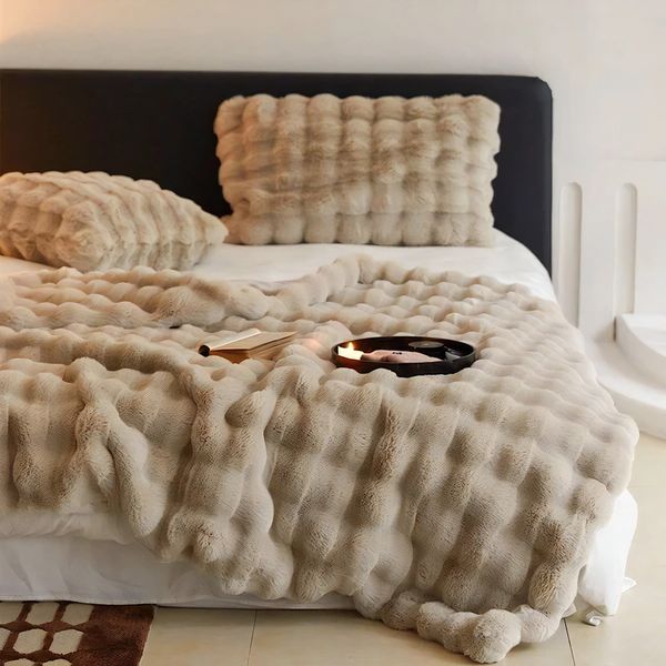 Throw Blanket Faux Rabbit Fur 63 in x 79 in Soft Cozy Living Room Bedroom Decor | Thomler