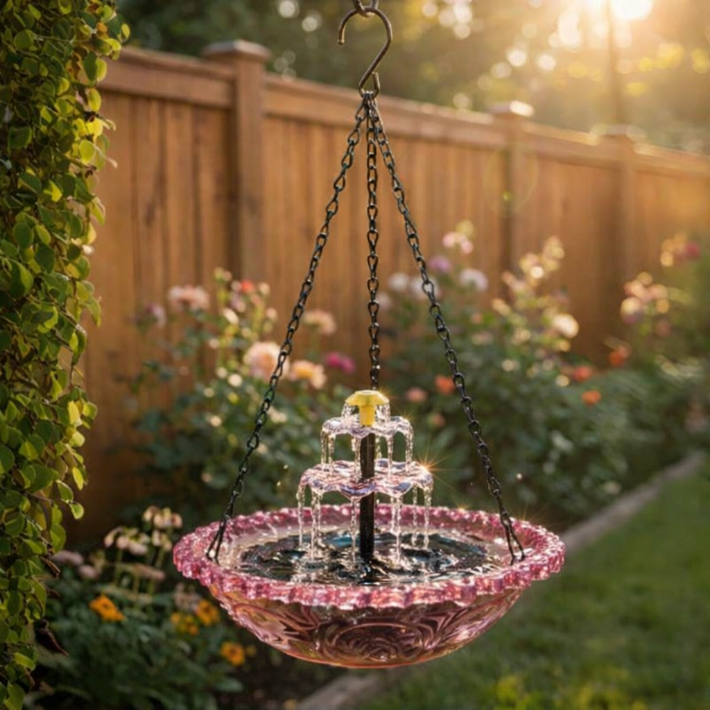 Solar-Springbrunnen mit Vogeltränke – kabellos, zweistufig, hängend