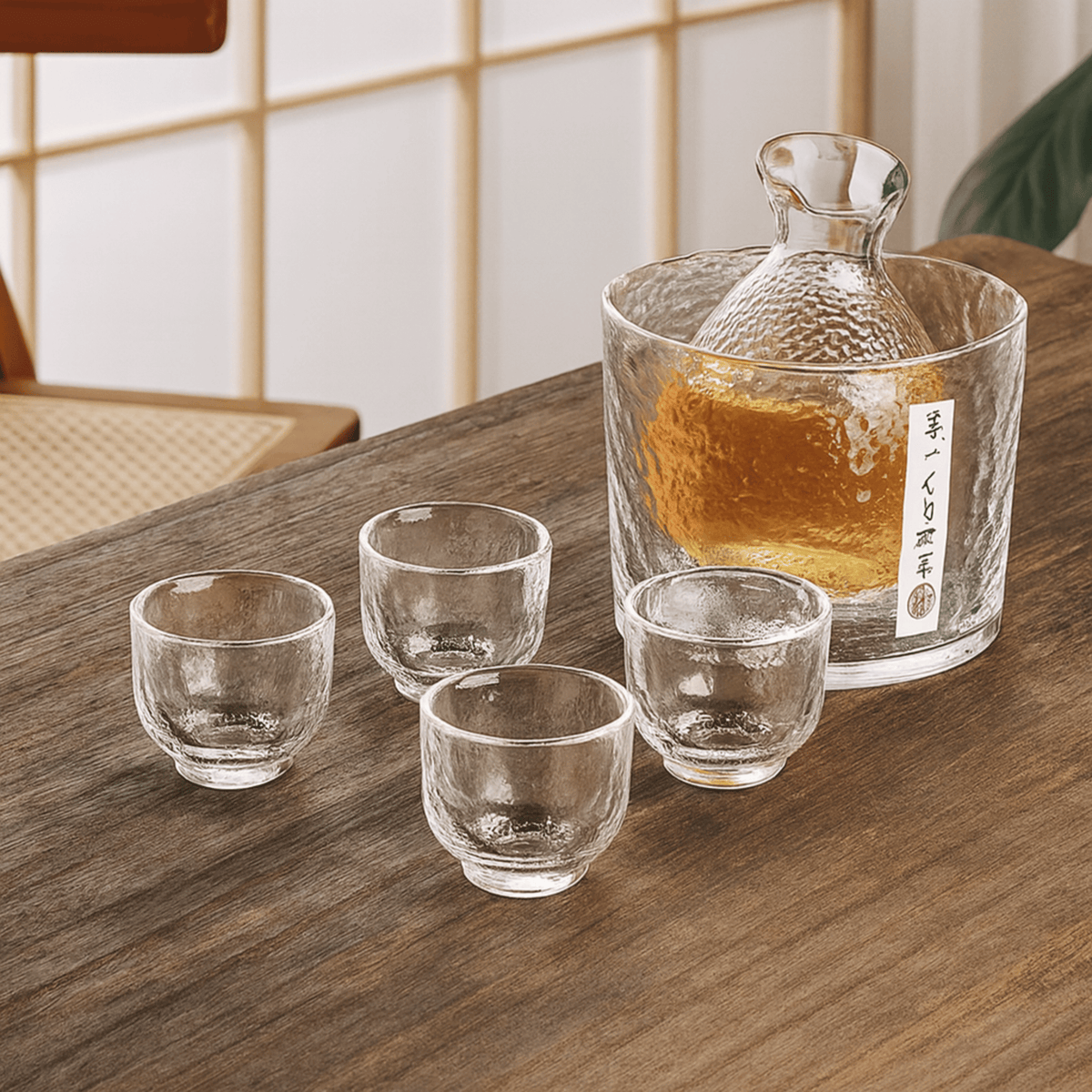 Japanese-Style Glass Decanter & Tumbler Set for Liquor – 6-Piece Barware Collection with Ice Pail | Thomler