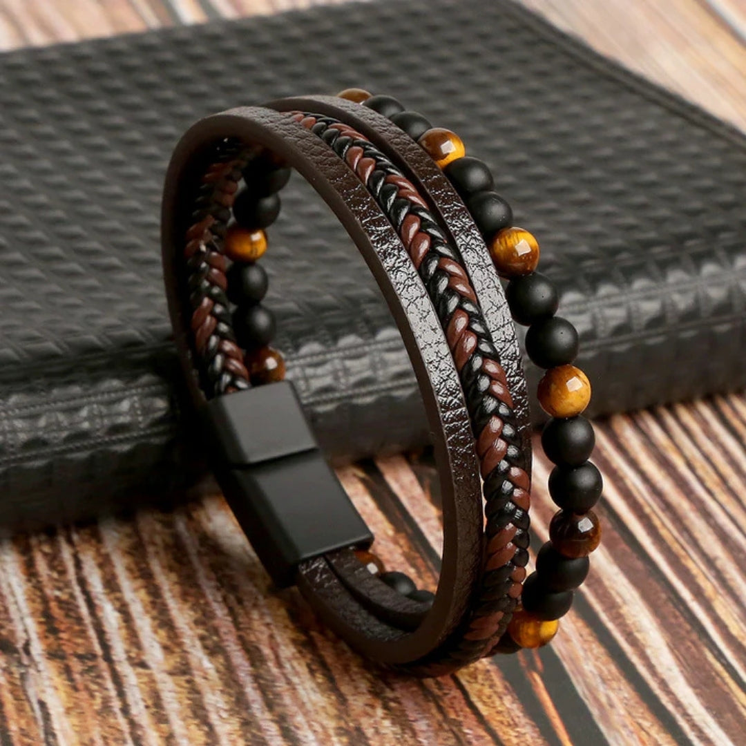 Men's Multi-Strand Magnetic Bracelet – Braided Leather & Beaded Layers for Everyday Style | Thomler