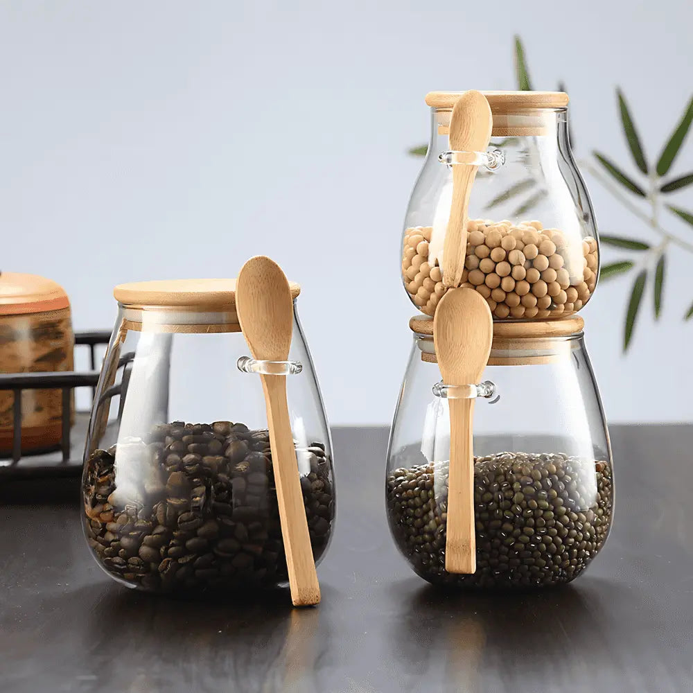 Storage Jar Glass Airtight Bamboo Lid Tea Coffee Kitchen Organiser Dry Food Canister With Spoon | Thomler