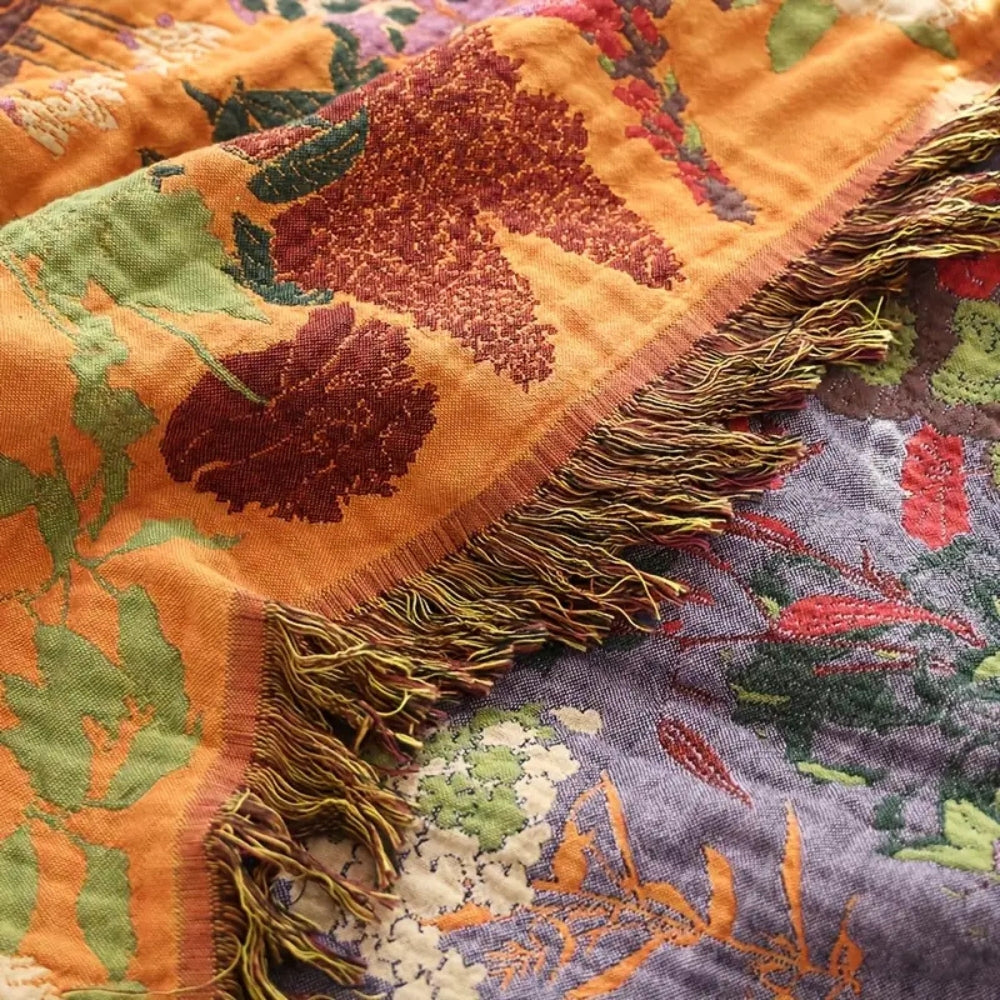 Reversible Cotton Throw Blanket with Floral Jacquard Weave & Tassel Trim for Sofa, Bed, Couch | All-Season Lightweight Decorative Blanket | Thomler