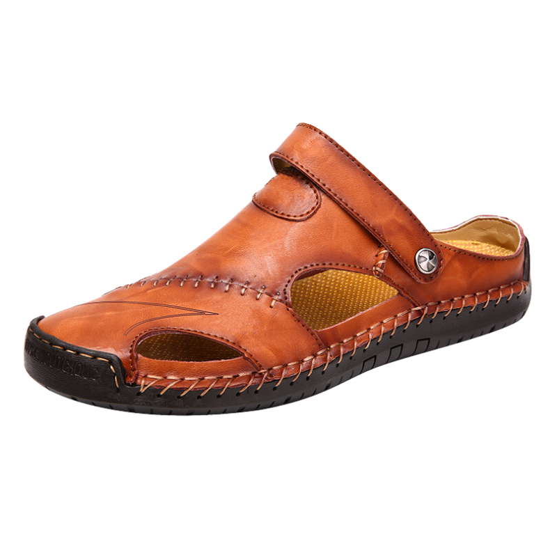 Men's Leather Slide Sandals – Closed Toe Slip-On with Orthopedic Support & Non-Slip Sole for Summer, Casual Wear, Travel & Vacation | Thomler