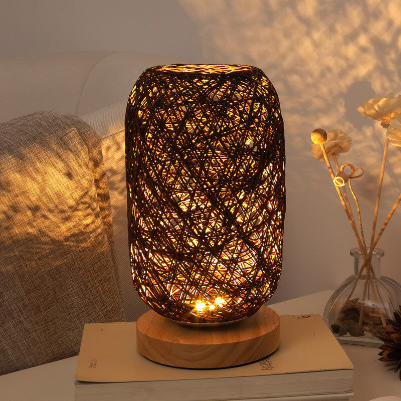Woven Rattan Table Lamp with Wood Base & Metal Frame – Plug-In LED Desk Light for Bedroom, Living Room & Office | Thomler