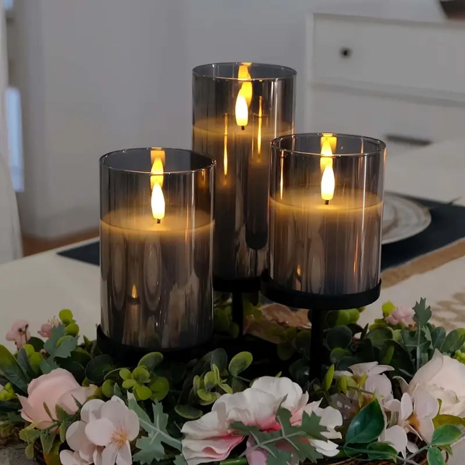 LED Candle Glass Smoke Finish Remote Control Indoor Mood Lighting Flameless Table Decoration Set | Thomler