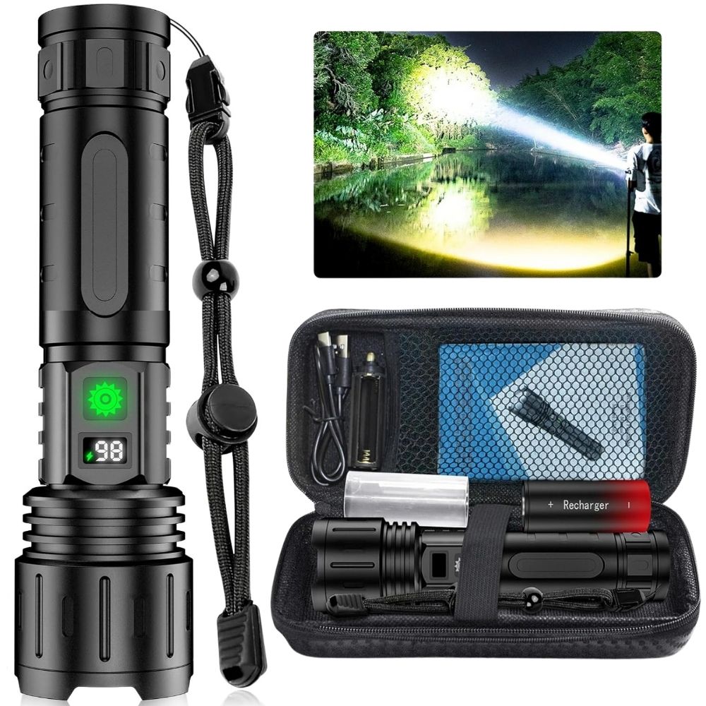 100,000 Lumen Rechargeable Tactical Flashlight with 1,000 ft Beam Range & 5 Light Modes for Camping, Hiking, Emergency Use & Power Bank | Thomler