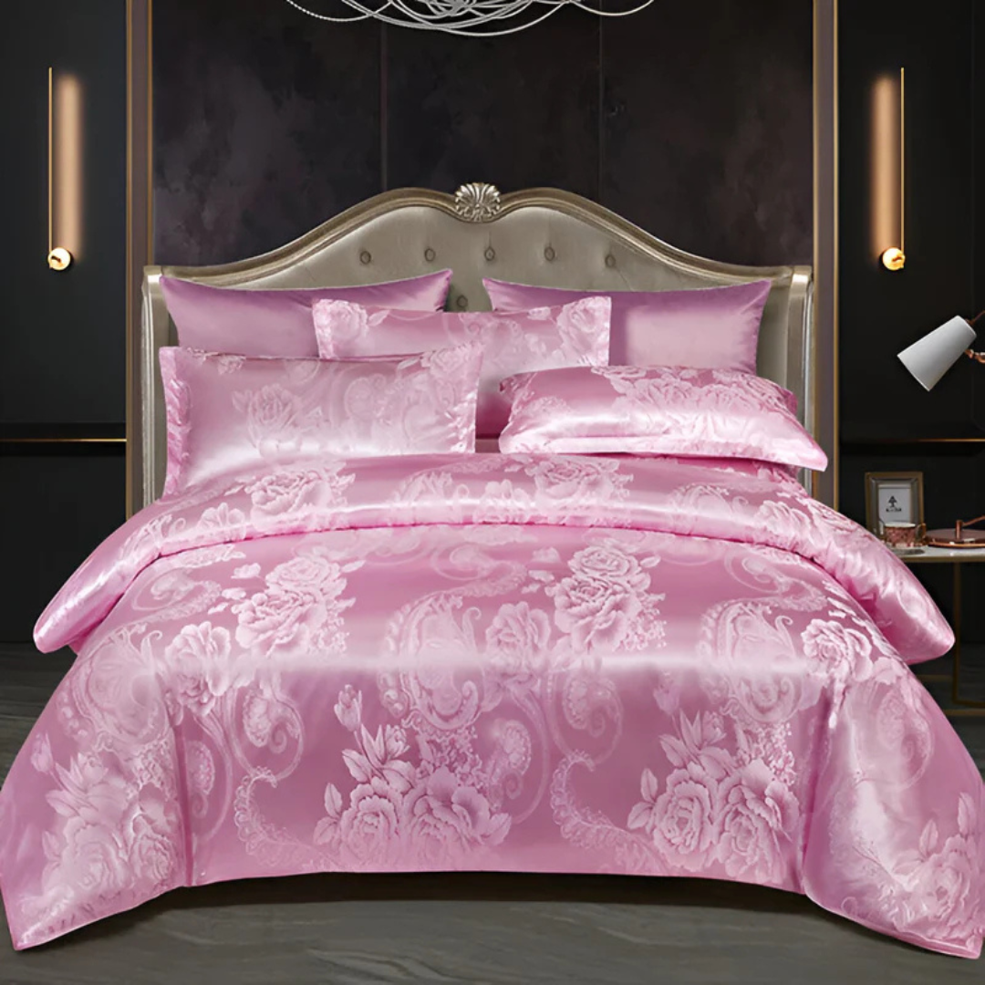 Floral Jacquard Duvet Cover Set Silky Satin Bedding 3-Piece with Pillowcases All Season Breathable Comforter Cover for Bedroom Décor | Thomler
