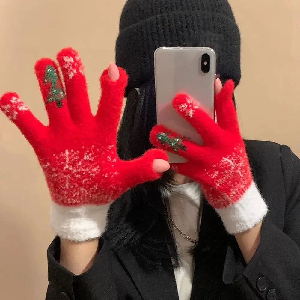 Convertible Mitten Gloves with Fold-Back Finger Covers – Plush Fleece Winter Hand Warmers for Women & Teens – Holiday Embroidered Design | Thomler