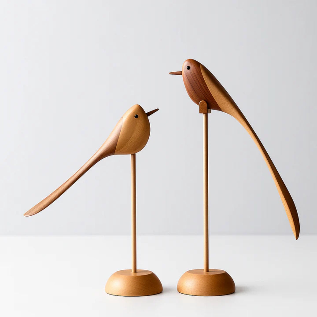Handcrafted Wooden Bird Sculptures Set of 2 Decorative Figurines Modern Redwood Accent Pieces for Living Room Bedroom Office Mantel | Thomler