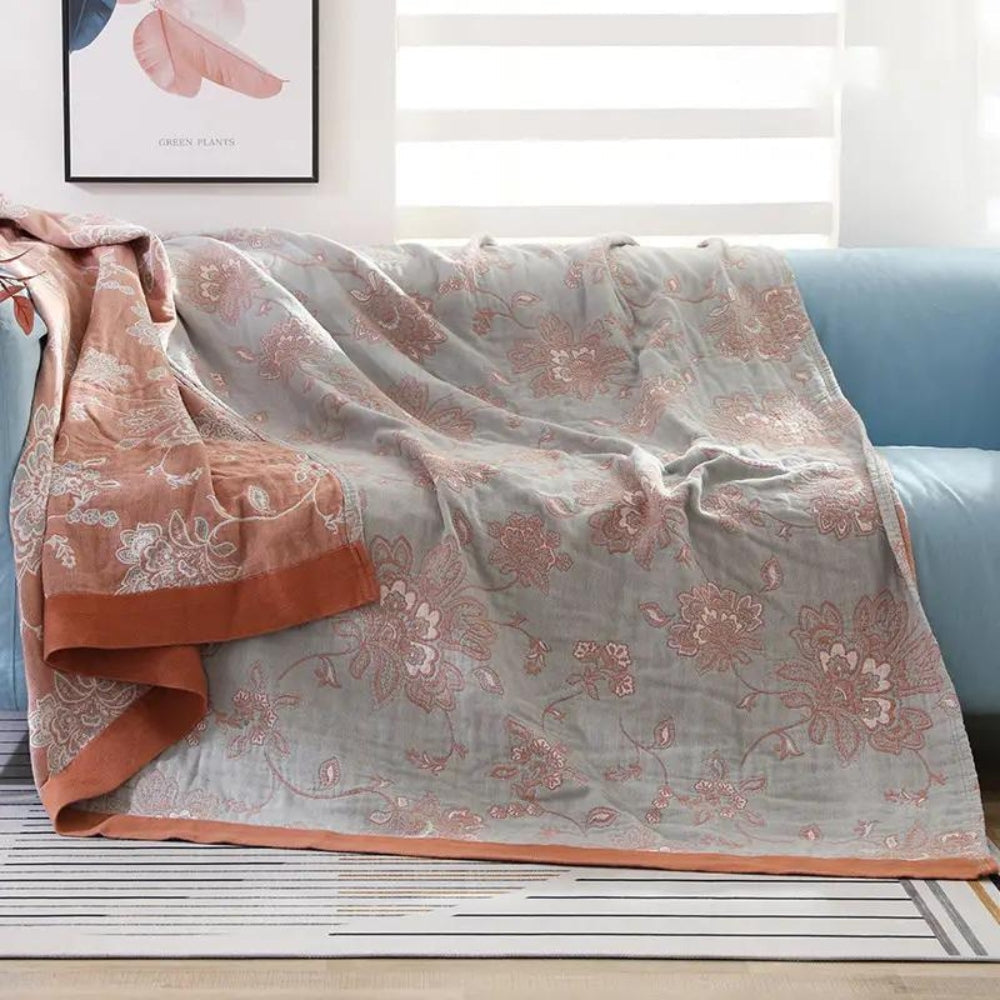 Lightweight Cotton Gauze Throw Blanket with Floral Design for Year-Round Comfort, Breathable Bedding for Bedroom, Sofa, or Guest Room | Thomler
