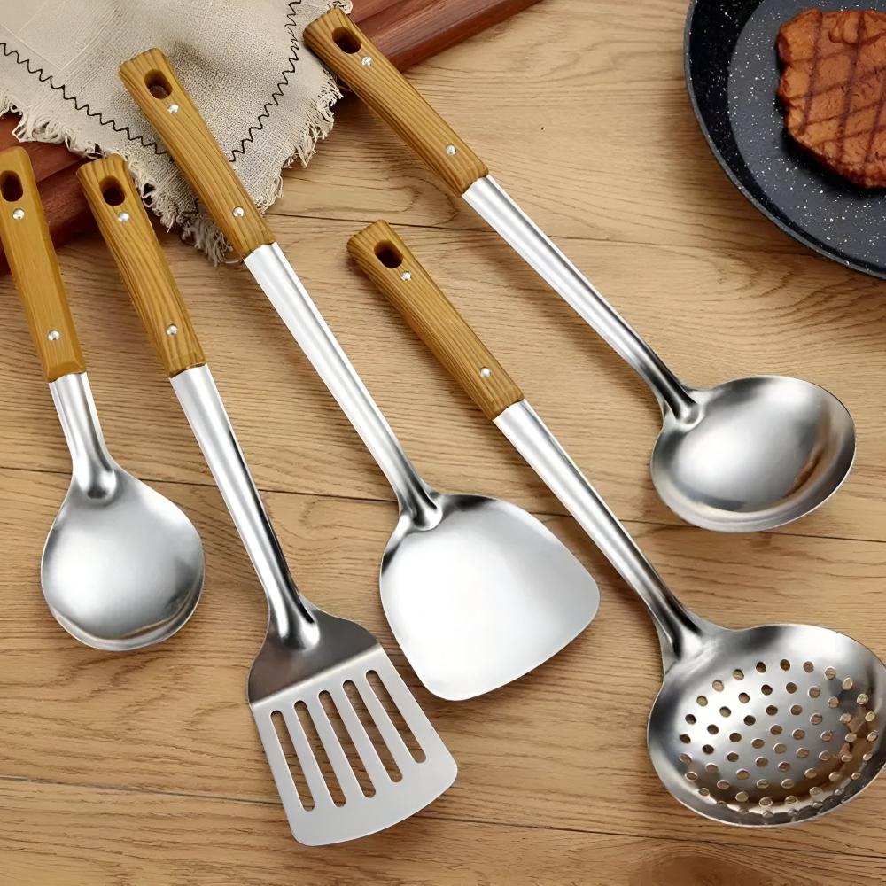 Kitchen Utensil Set Stainless Steel Wooden Handle 5 Piece Everyday Cooking Serving Tools Non Stick Safe Kitchen Accessories | Thomler