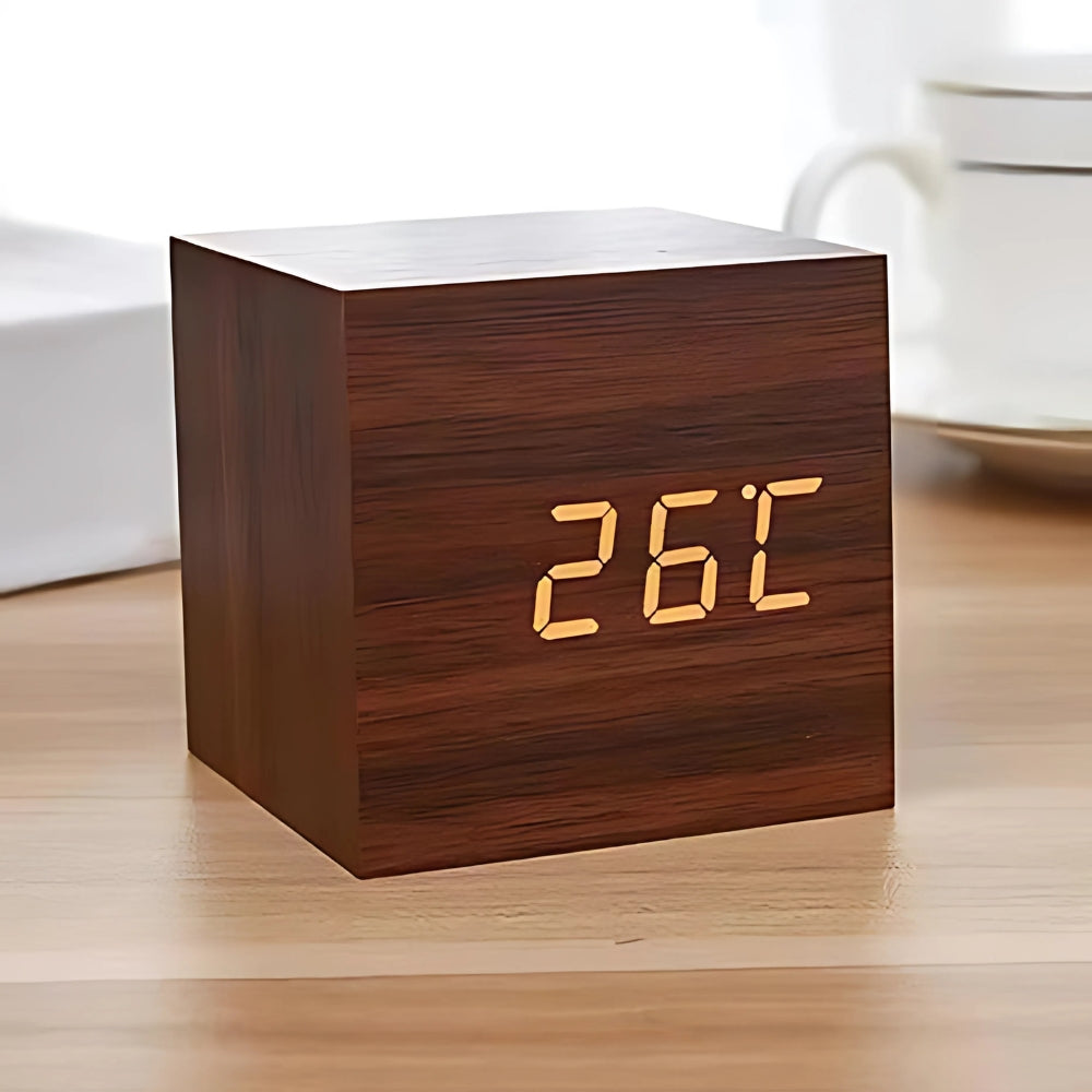 Wooden LED Cube Alarm Clock with Temperature Display and USB Power for Bedroom Nightstand Desk Office | Thomler