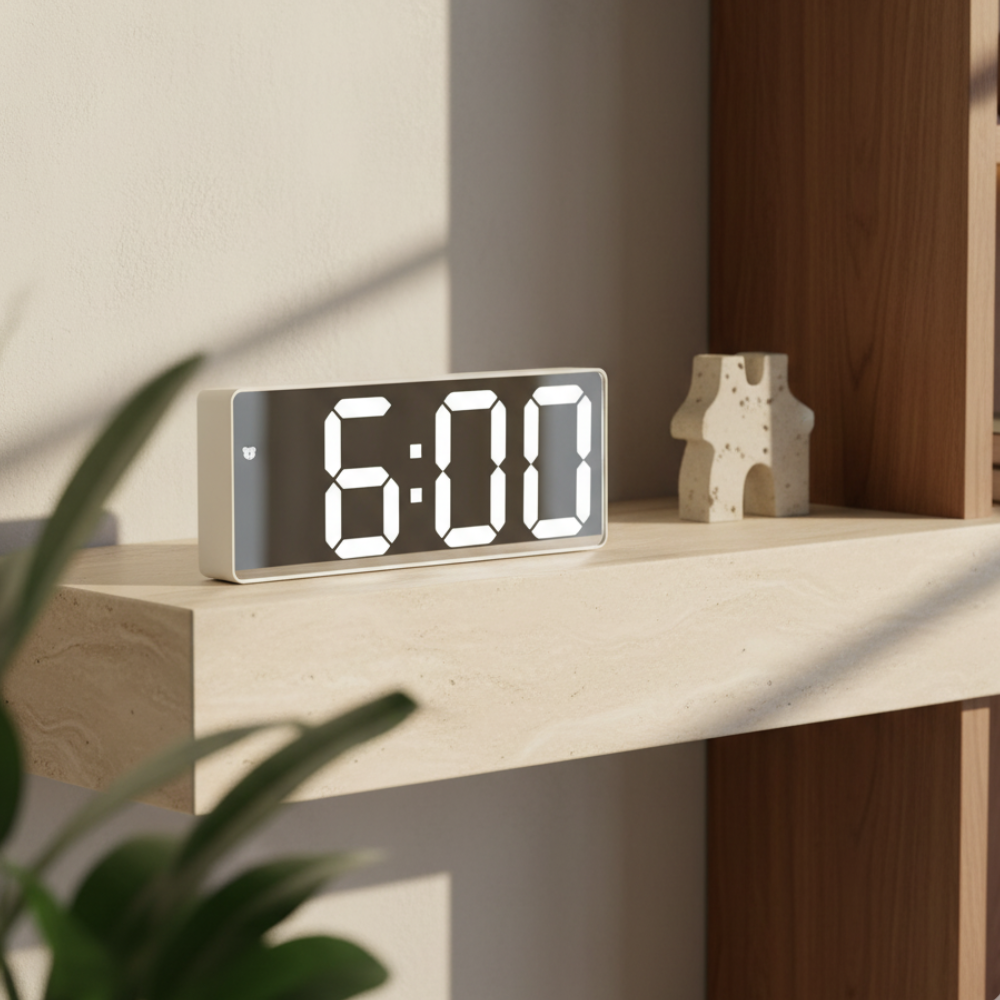 Mirrored LED Bedside Clock – Time, Temp & Alarm Display | Thomler