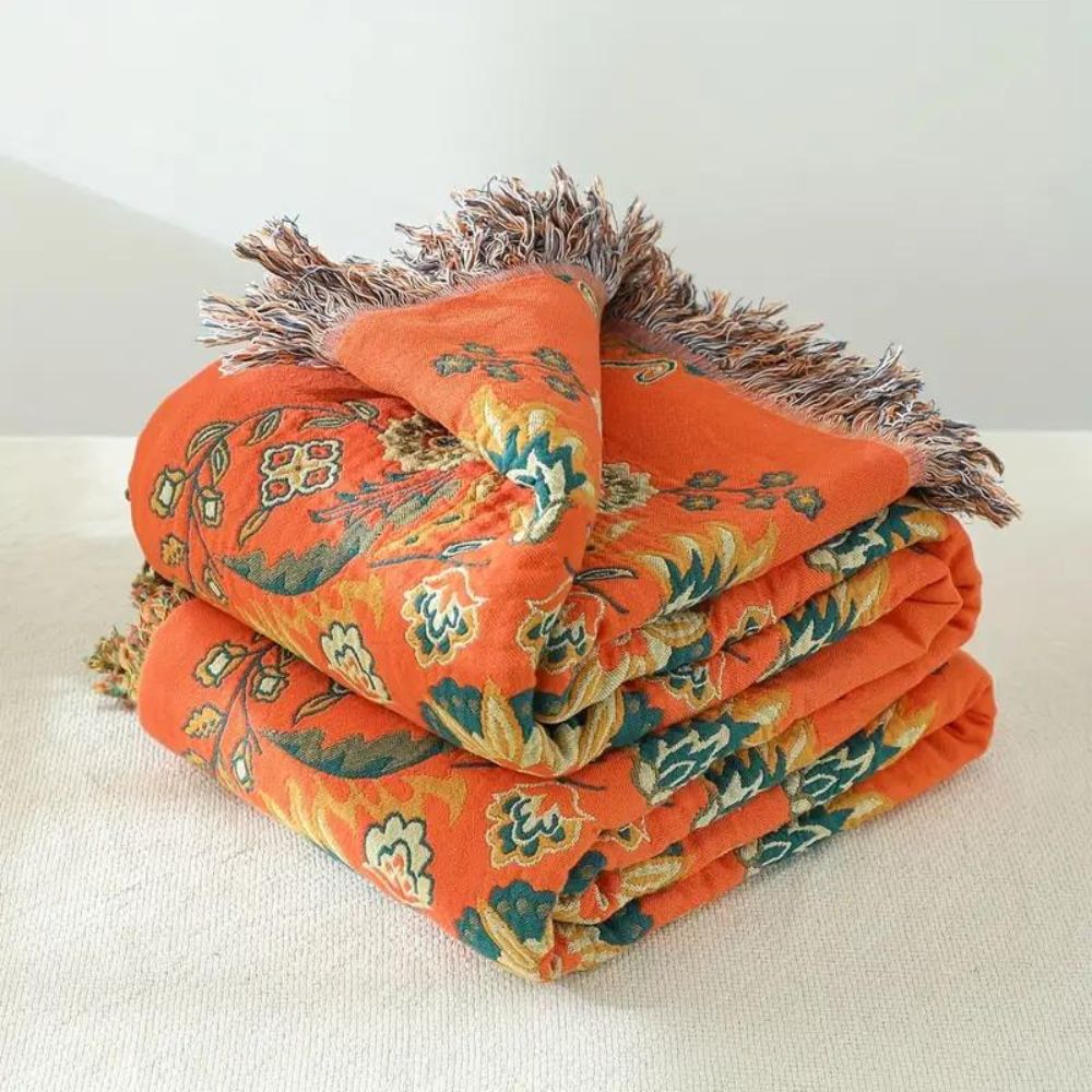 Reversible Cotton Throw Blanket with Floral Pattern Orange & Teal for Couch Sofa Bed Picnic Beach Home Decor | Thomler