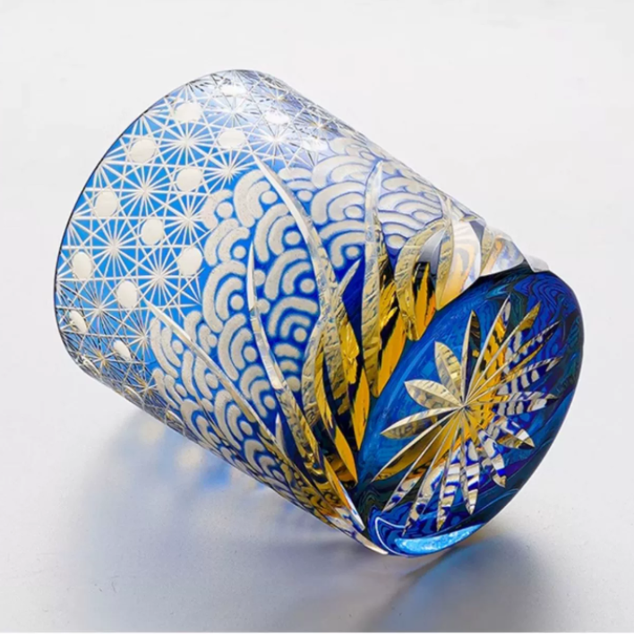 Whiskey Glass Handmade Cut Glass Blue Amber Japanese Whisky Tumbler Gift Collectible Barware Wooden Box | Thomler
