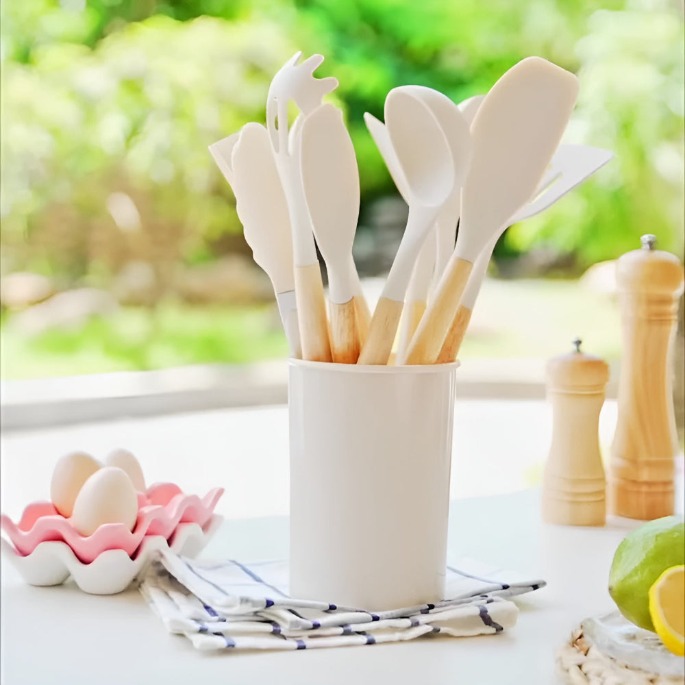 12-Piece Silicone Kitchen Utensil Set with Bamboo Handles and Holder – Heat-Resistant Nonstick Cooking Tools for Home Chefs | Thomler