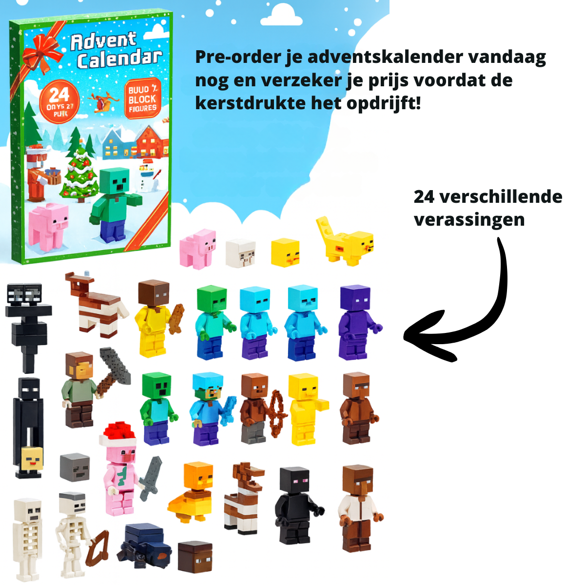 Holiday Countdown Calendar with 24 Daily Surprises for Kids – Minecraft-Inspired Blocky Figures & Collectibles | Thomler