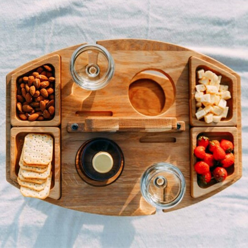Portable Wooden Wine Table for Picnics – Holds Bottle, Glasses & Snacks for Outdoor Dining, Beach Trips, Garden Parties | Thomler
