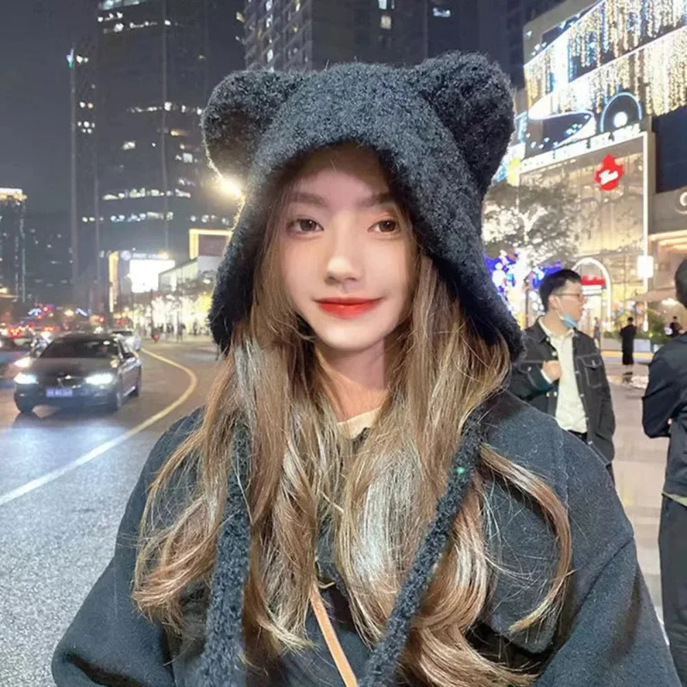 Hooded Knit Cap with Plush Animal Ears – Cozy Tie-Front Winter Hood for Women | Thomler