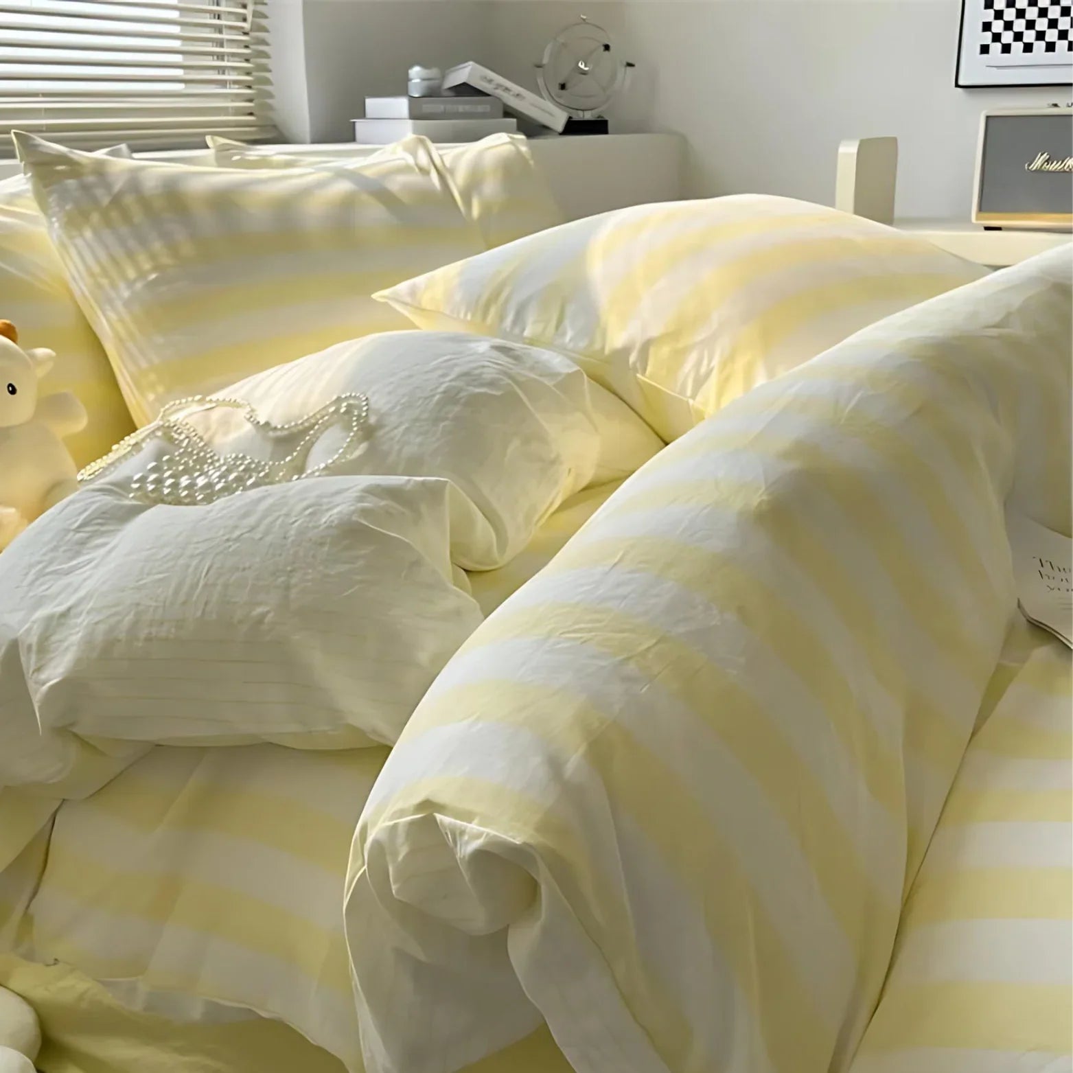 Bedding Set Striped Design 220.0 cm x 240.0 cm Beige Bedroom Duvet Cover Fitted Sheet Pillowcase Hotel Style Linen | Thomler