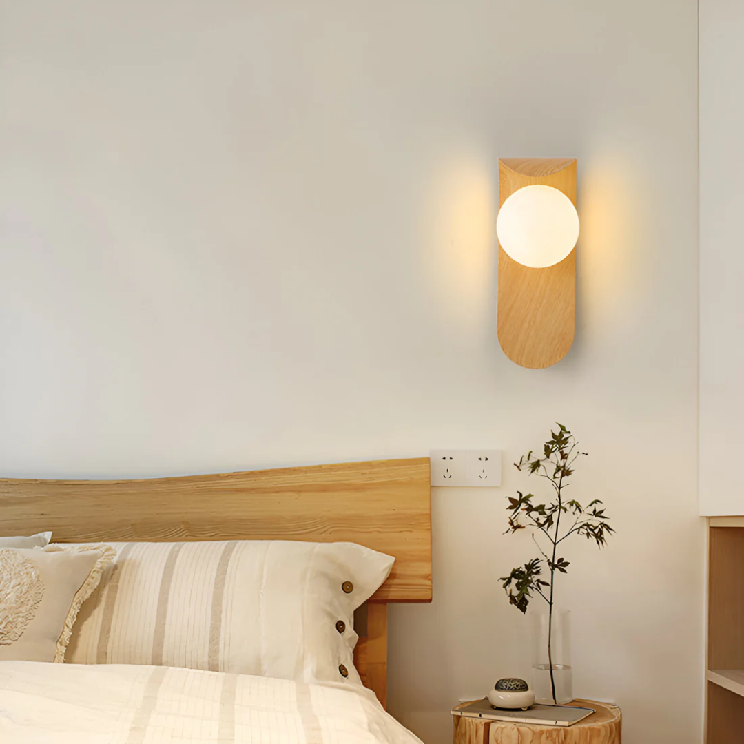 Modern LED Wall Sconce with Curved Wood Arm & Frosted Globe – Warm White Light for Bedroom, Living Room & Hallway – Natural or Walnut Finish | Thomler