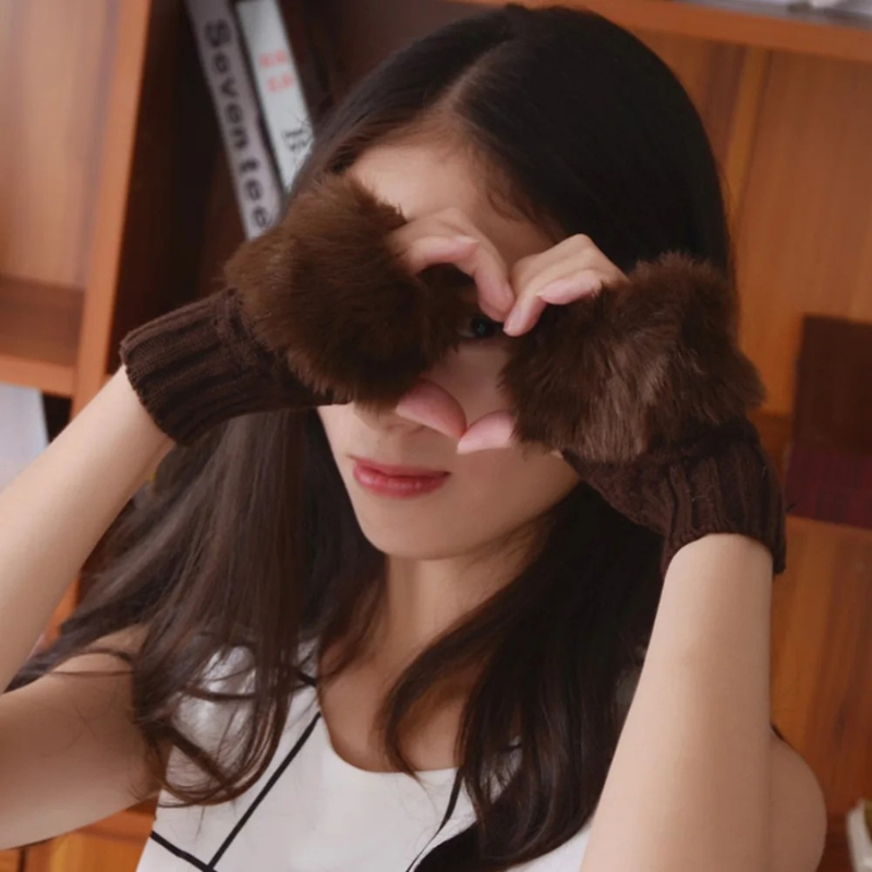 Soft Knit Fingerless Hand Warmers with Plush Faux Rabbit Fur Trim for Women – Stretchy Half-Finger Mittens for Texting & Typing in Cold | Thomler