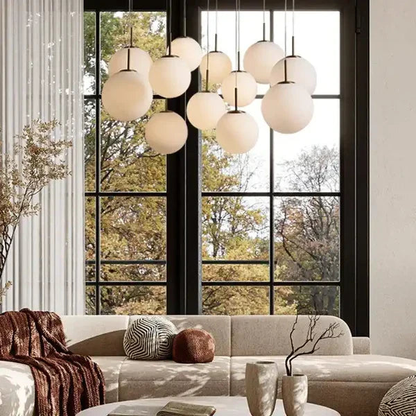 Adjustable Multi-Globe LED Spiral Chandelier 20-43 in Diameter Crackle or Matte Glass Brass Finish for Entryway & Dining Room | Thomler