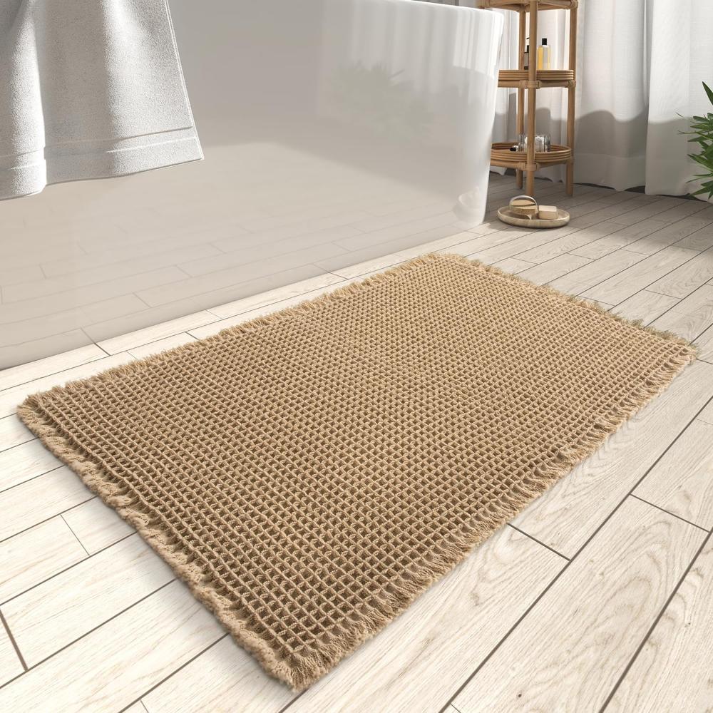Bath Mat Waffle Texture Quick Dry Non Slip Beige Bathroom Shower Floor Rug Absorbent Soft Spa Style | Thomler