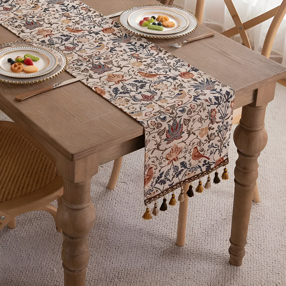 Woven Jacquard Table Runner with Tassels - Floral Bird Pattern for Dining & Coffee Tables - Vintage Countryside Design - Tassel Trim | Thomler