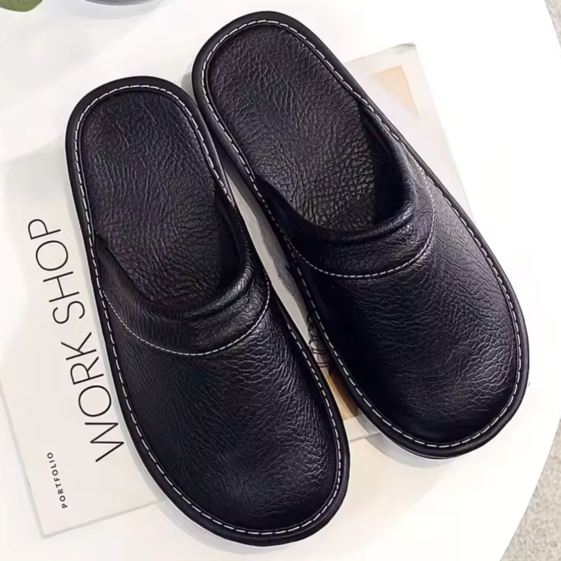 Cushioned Backless Indoor Footwear for Men with Textured Outsole & Faux Leather Finish | Thomler