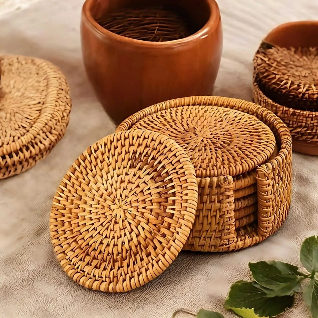 Woven Drink Coaster Set with Storage Holder – Natural Bamboo Finish for Hot & Cold Beverages, Coffee Table Protection | Thomler