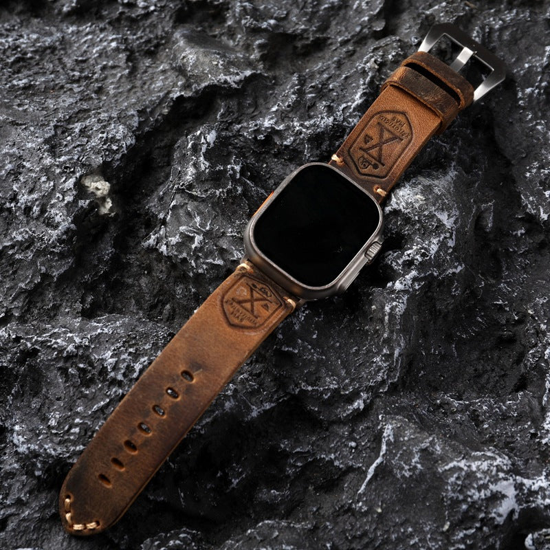 Vintage Full-Grain Leather Apple Watch Band | Handcrafted Strap with Patina Finish for 40mm 41mm 42mm 44mm 45mm 49mm | Classic Buckle Design | Thomler