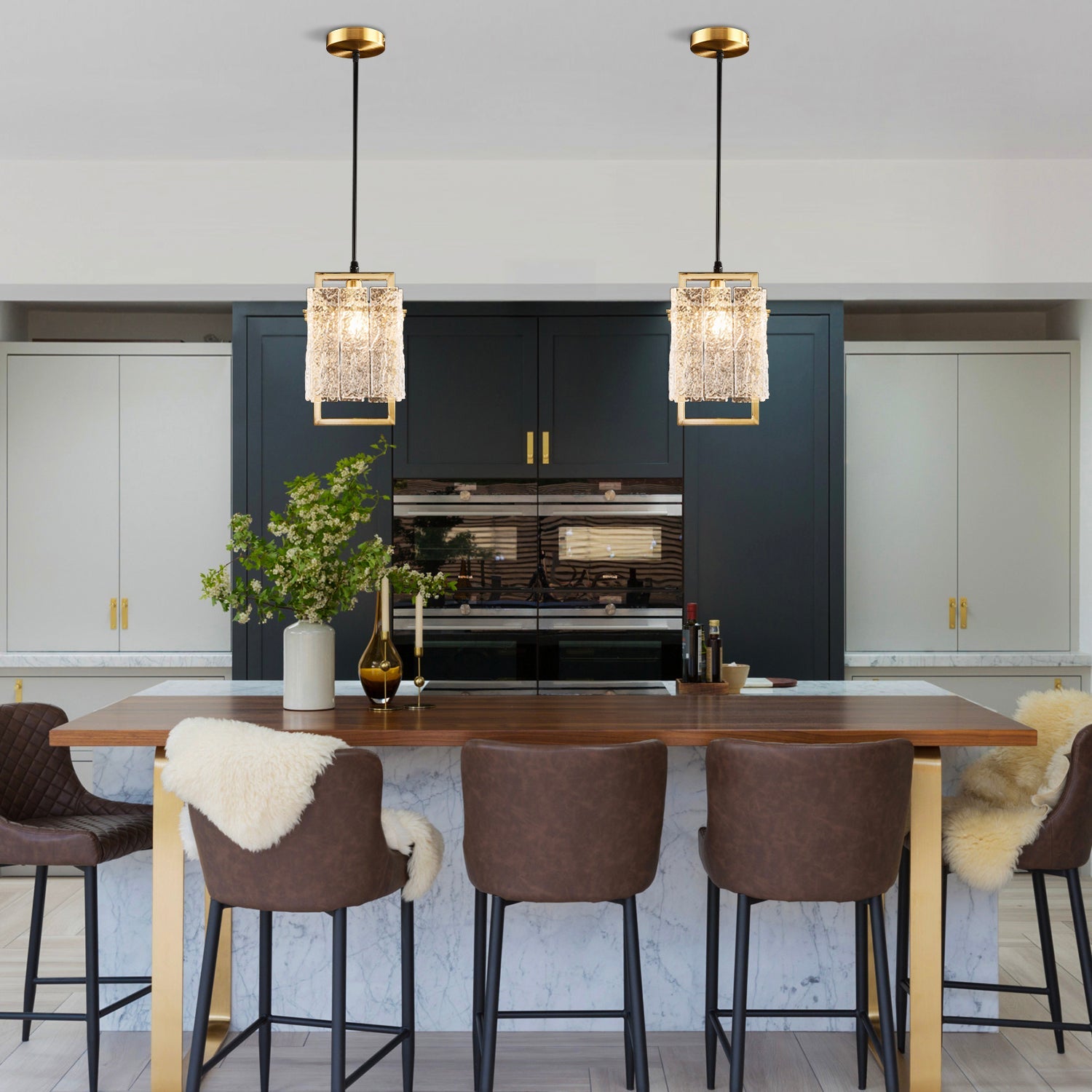 Square Cage Pendant Light Fixture with Textured Glass Shade & Gold Frame for Dining Room, Kitchen Island, Bedroom | Thomler