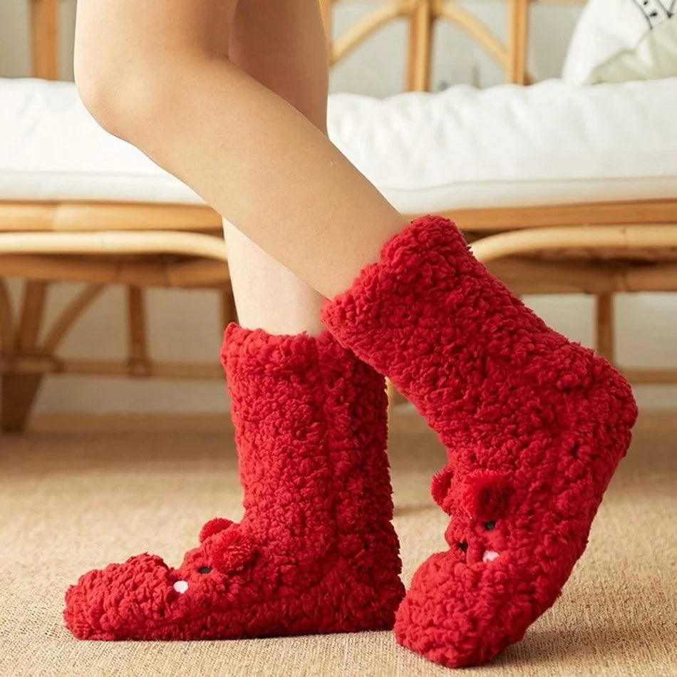 Plush Animal-Face Thermal Fleece Socks – Cozy Grippy Winter House Slippers for Women & Girls | Thomler