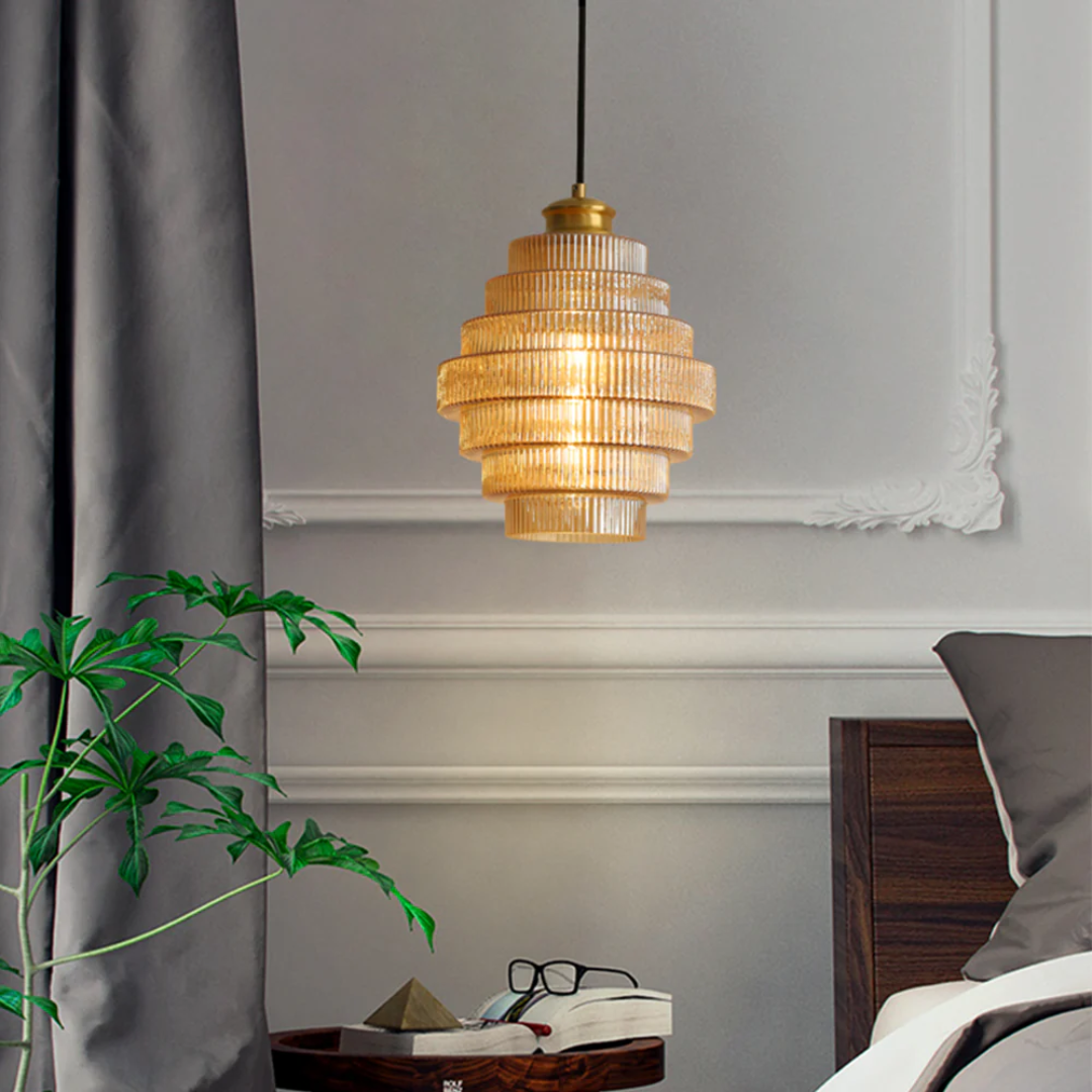 Pendant Light Ribbed Glass Brass Layered Shade Dining Room Kitchen Island Hanging Ceiling Lamp | Thomler