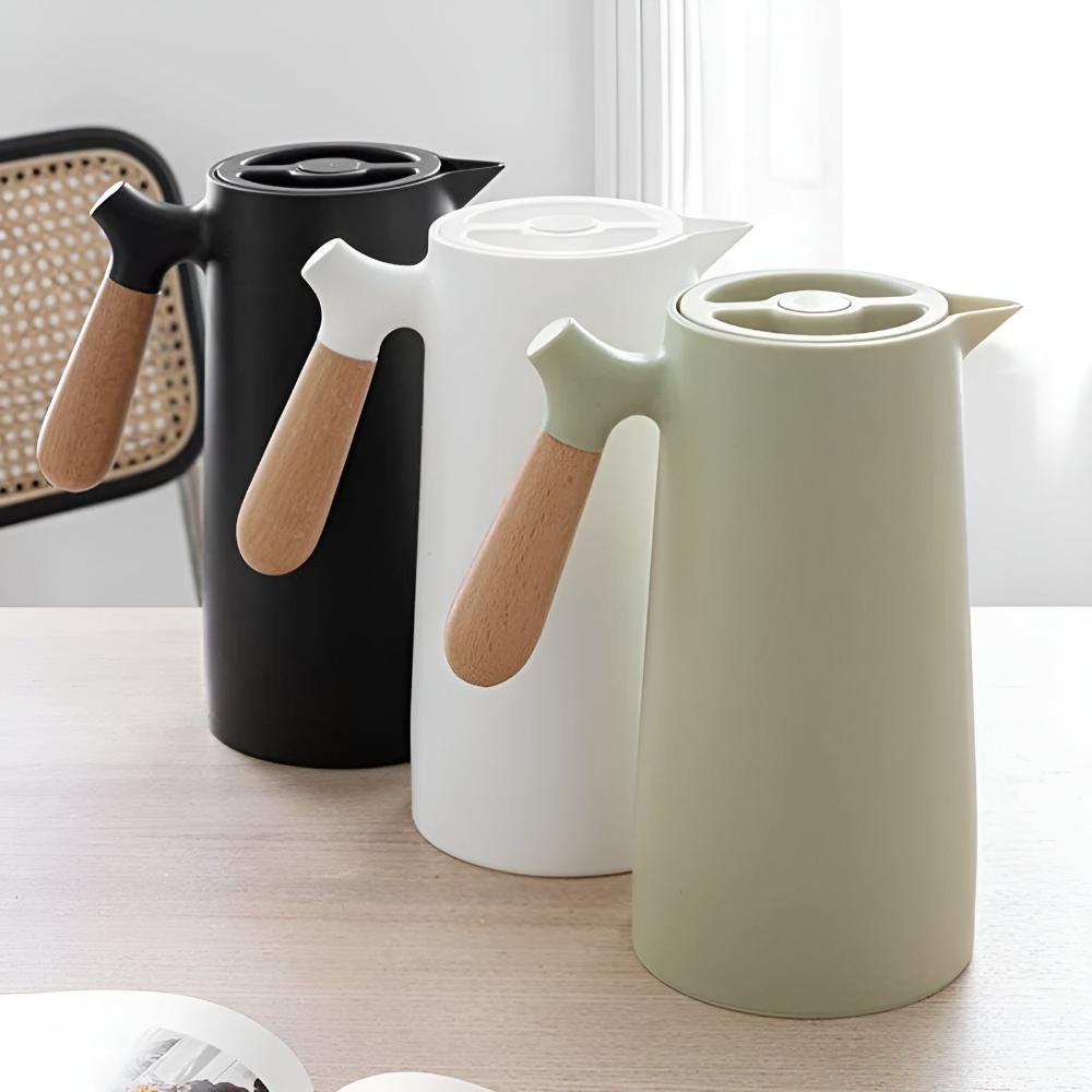 Thermos Flask Stainless Steel 1.0 L Beige Wooden Handle Kitchen Coffee Tea Hot Cold | Thomler