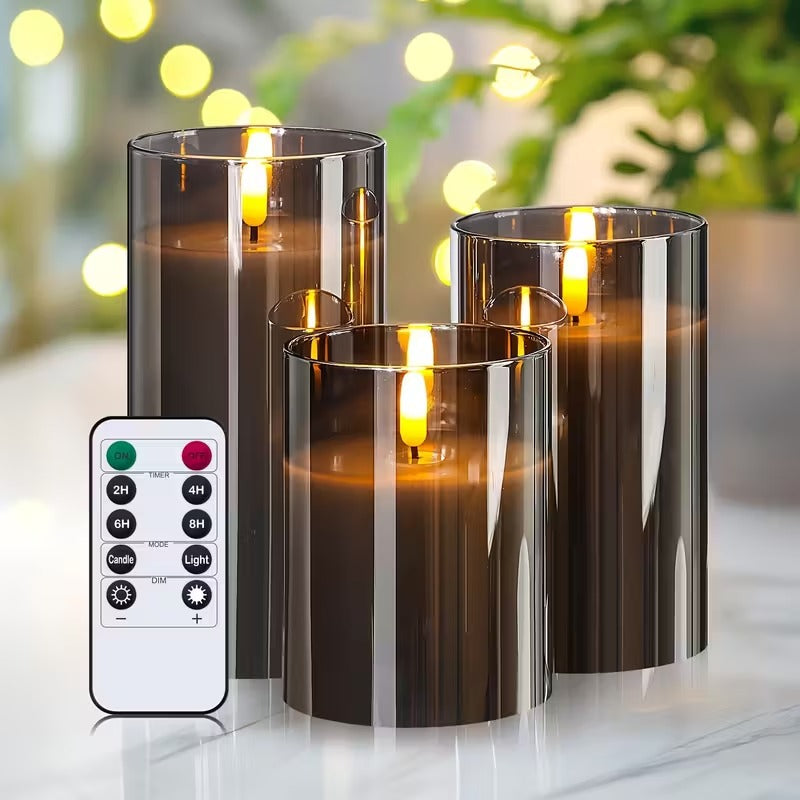 LED Candle Glass Smoke Finish Remote Control Indoor Mood Lighting Flameless Table Decoration Set | Thomler