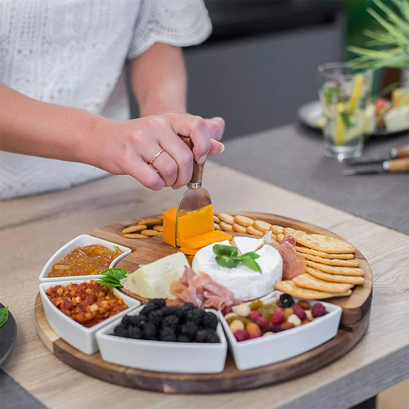 Round Wooden Serving Tray with Ceramic Dishes & Spreaders – 13-Inch Host Platter | Thomler