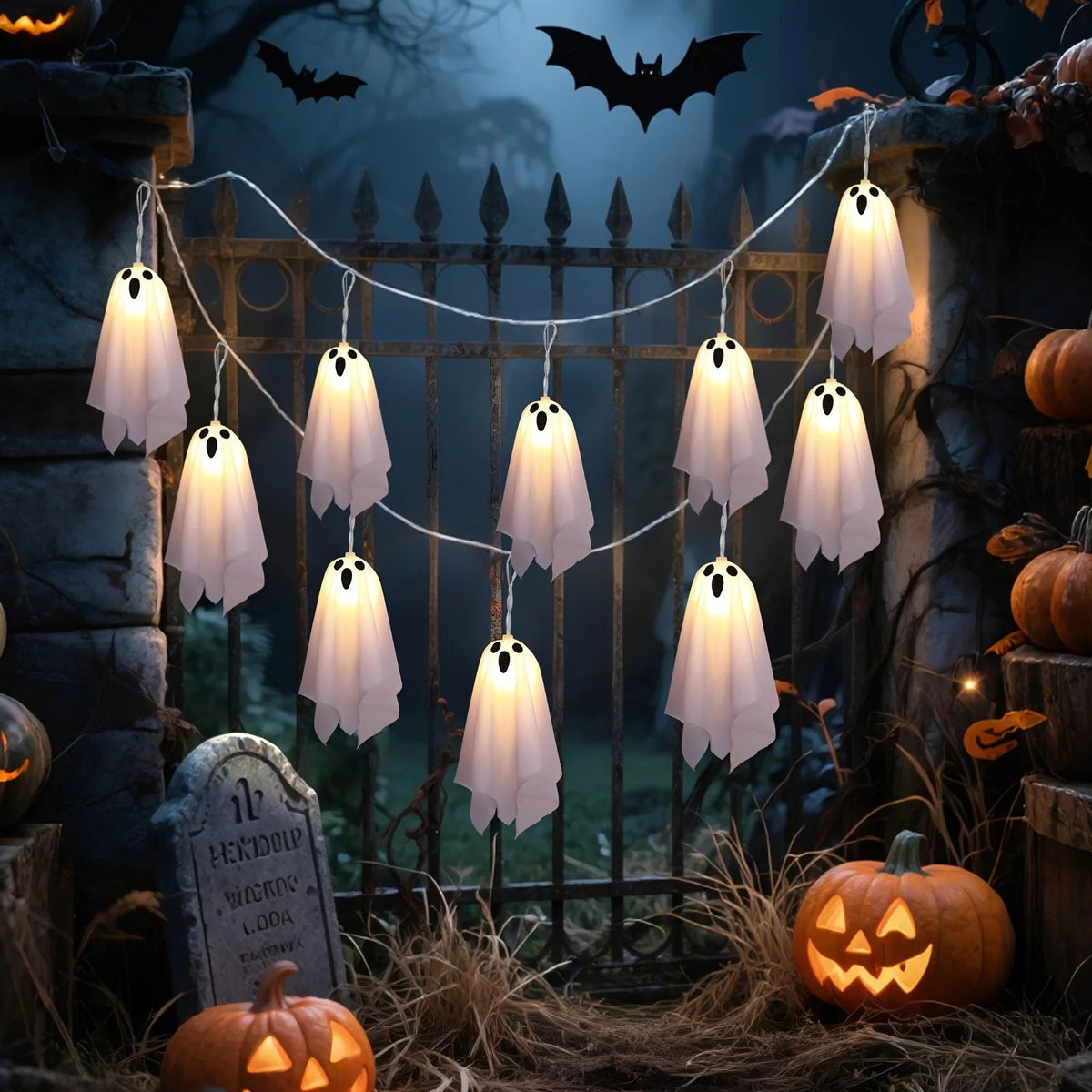 LED Ghost String Lights – Battery or Plug-In Illuminated Hanging Spirits for Spooky Indoor & Outdoor Halloween Decoration | Thomler